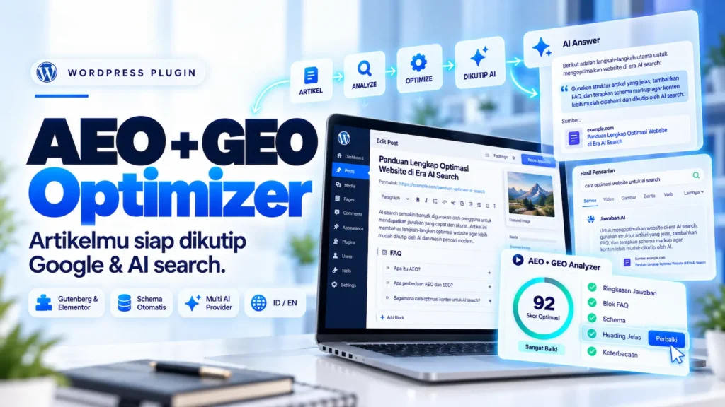 Skor AEO dan GEO artikel di dashboard plugin AEO + GEO Optimizer WordPress