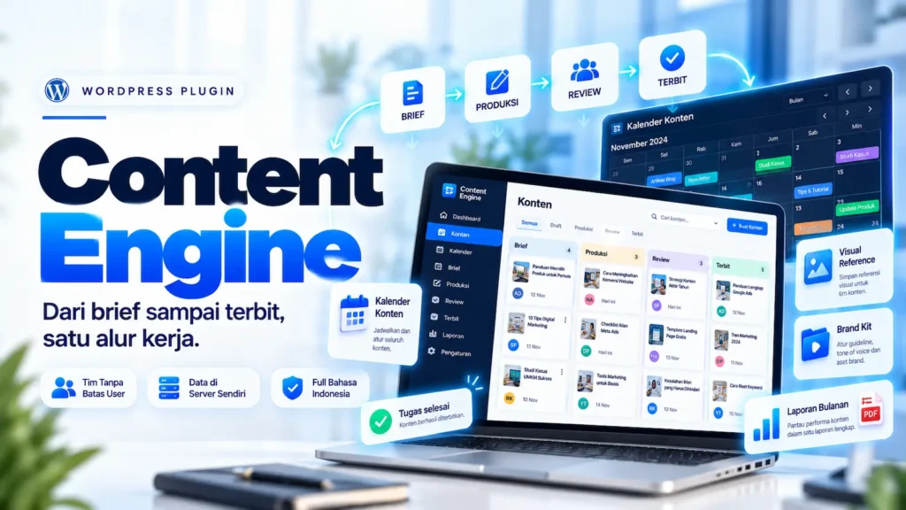 Kalender konten dan board tugas tim di plugin Content Engine WordPress