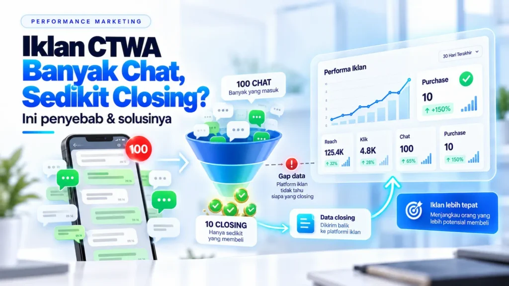 Ilustrasi gap data iklan CTWA antara chat WhatsApp dan closing.