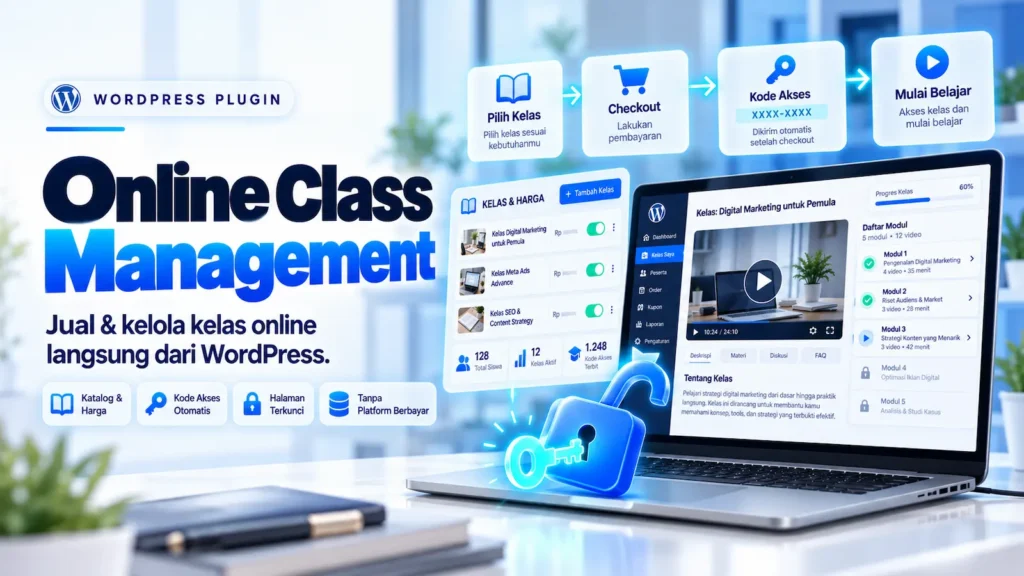 Dashboard plugin Online Class Management untuk jual kelas online di WordPress